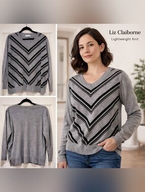Liz Claiborne Gray & Black Chevron V-Neck Sweater – Lightweight Knit